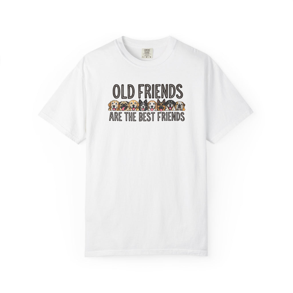 White Comfort Colors senior dog tee reading "Old Friends Are the Best Friends"